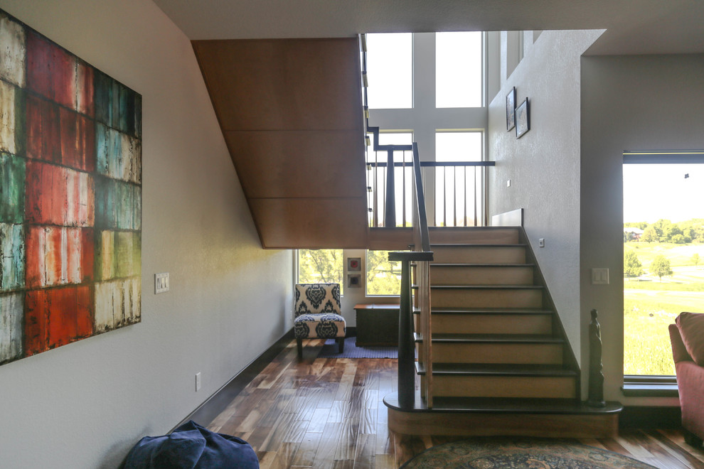 Home design - large transitional wooden u-shaped wood railing home design idea with wooden risers