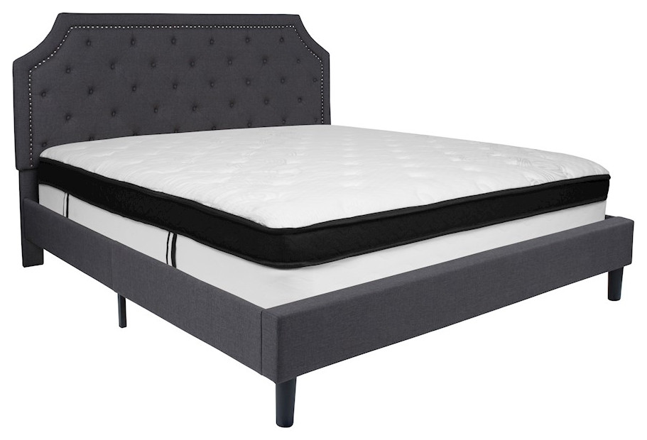 Flash Brighton King Tufted Upholstered Platform Bed, D Grey Fabric ...