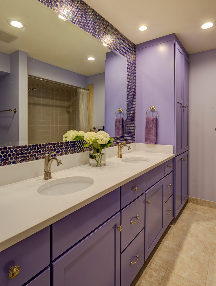Photo of a mid-sized tropical kids bathroom in Jacksonville with shaker cabinets, purple cabinets, an alcove tub, a corner shower, a two-piece toilet, beige tile, mosaic tile, multi-coloured walls, porcelain floors, an undermount sink, engineered quartz benchtops, beige floor and a hinged shower door.