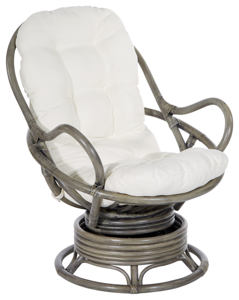 Tahiti Rattan Swivel Rocker Chair, White Fabric With Gray Frame