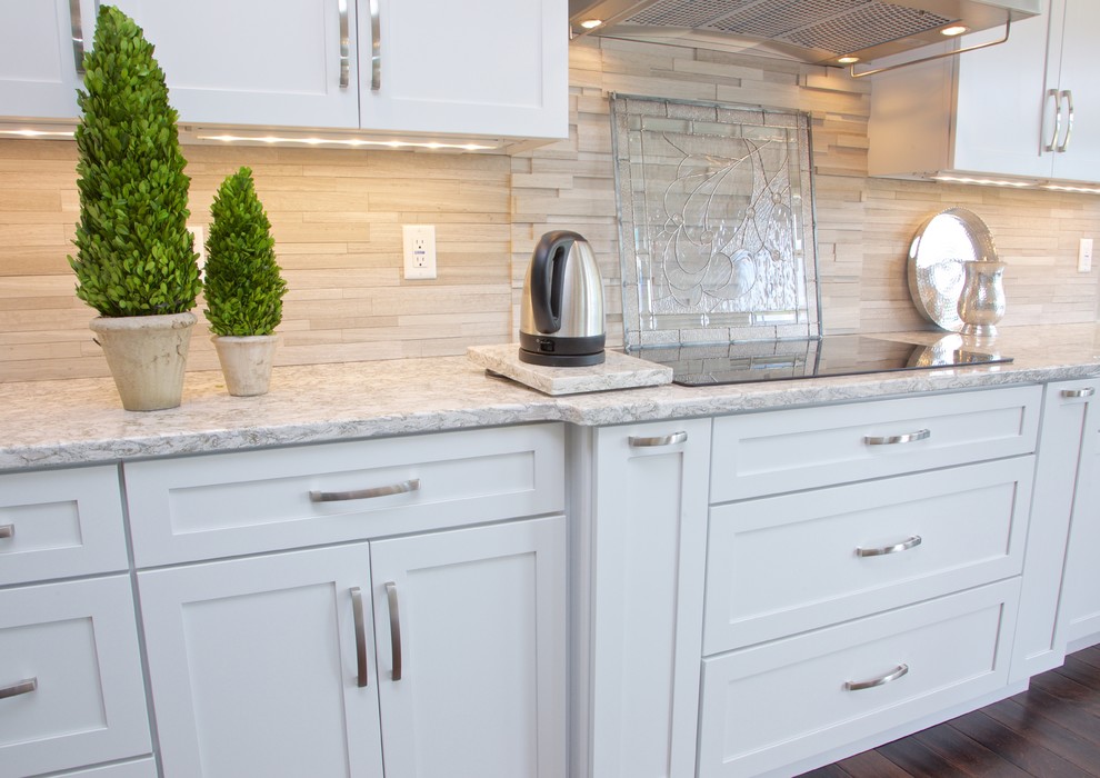 Mid-sized transitional galley eat-in kitchen photo with white cabinets, granite countertops, beige backsplash, stone tile backsplash and stainless steel appliances