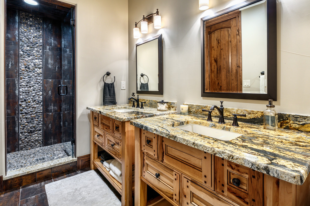 Mid-sized mountain style master bathroom photo in Denver with flat-panel cabinets, light wood cabinets and beige walls
