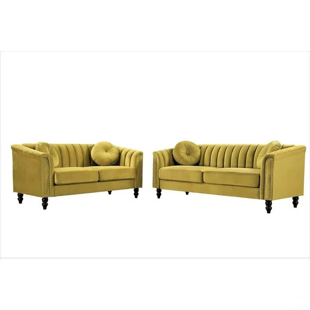 Elegant Sofa & Loveseat Set, Velvet Seat With Channel Tufted Back, Yellow Green