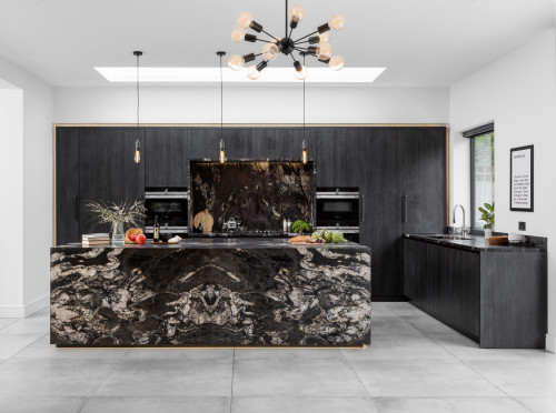 Black Timber Cabinets with Multicolored Granite Central Island: Inspirational Design