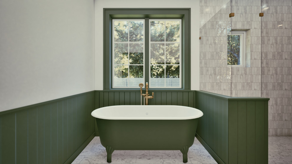 Exemple d'une salle de bain principale chic de taille moyenne avec une baignoire sur pieds, une douche d'angle, un carrelage beige, du carrelage en marbre, un mur beige, un sol en marbre, un sol beige, une cabine de douche à porte battante et boiseries.