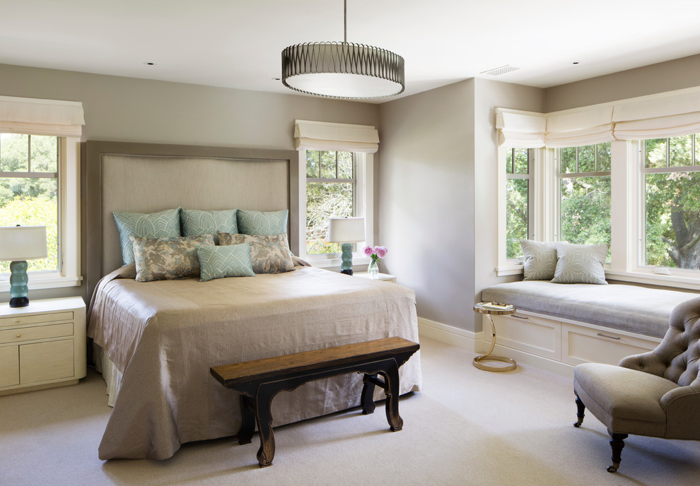 Design ideas for a large traditional master bedroom in San Francisco with grey walls and carpet.