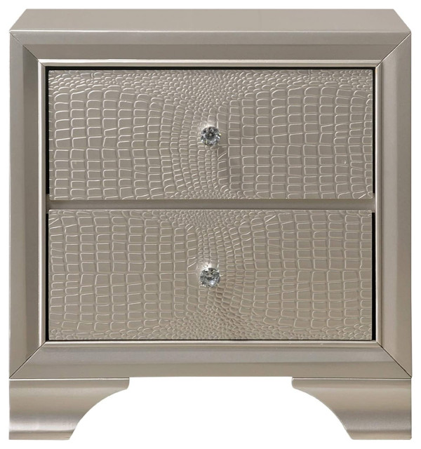 2 Drawer Nightstand with Textured Fronts and Crystal Knobs,Champagne