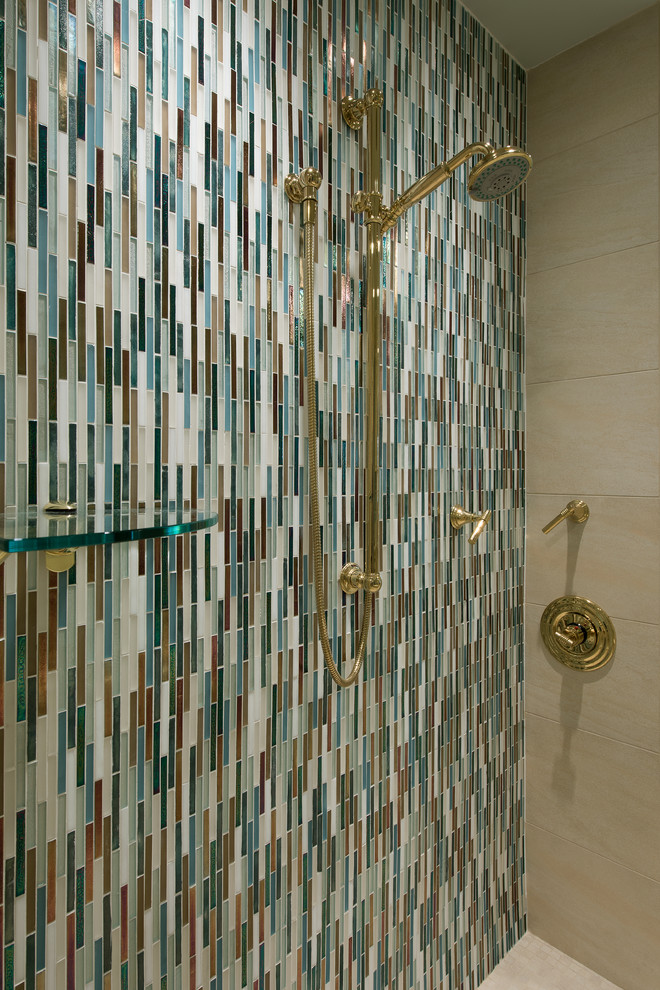 Photo of a large transitional master bathroom in DC Metro with beige cabinets, matchstick tile and green walls.