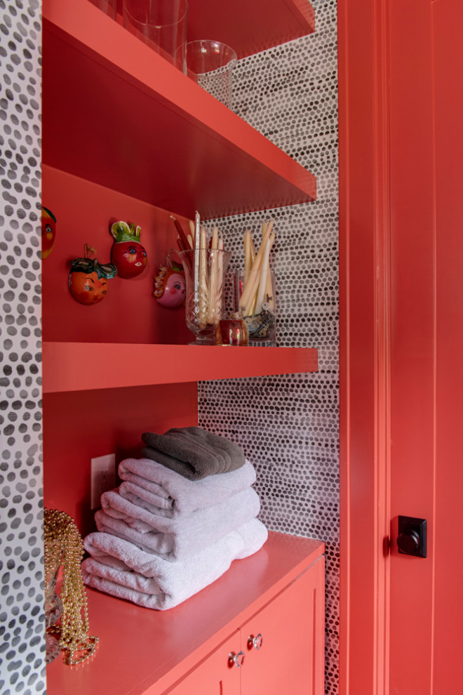 Transitional laundry room in Houston with red walls and wallpaper.