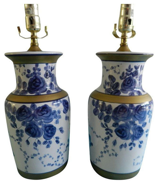 Vintage Blue White Chinoiserie Lamps A Pair
