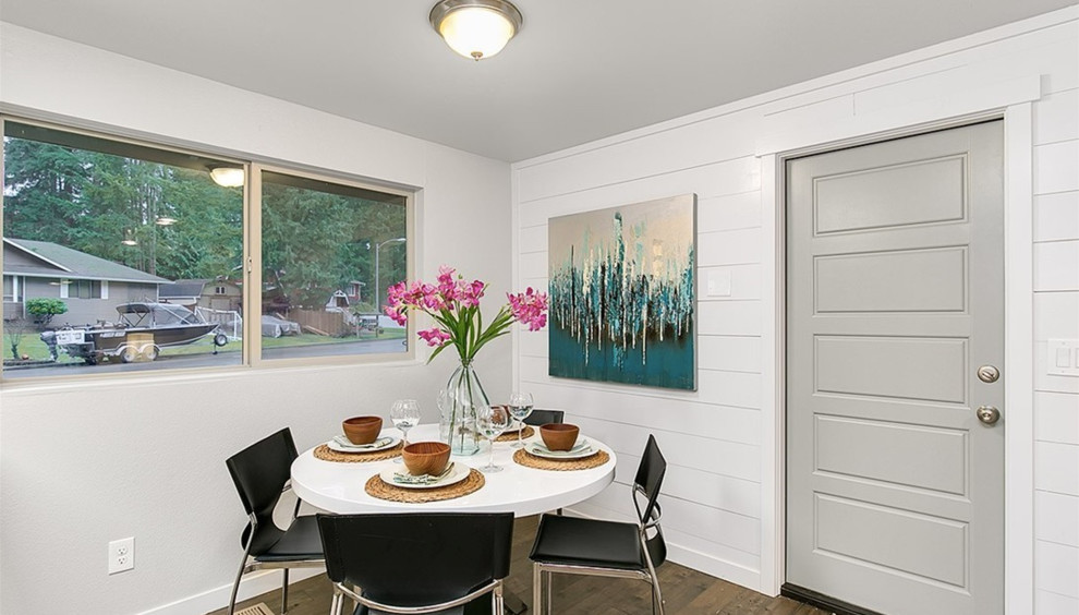 Small transitional dark wood floor kitchen/dining room combo photo in Seattle with gray walls and no fireplace