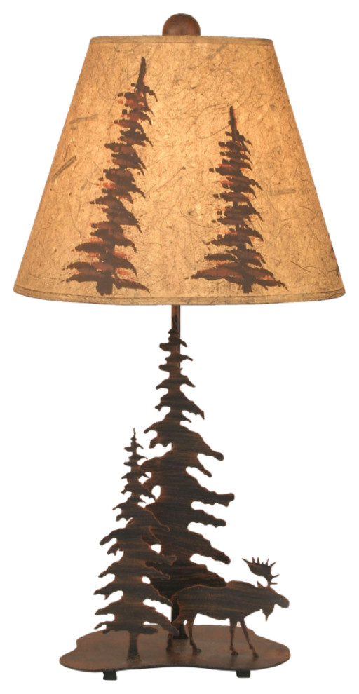 Burnt Sienna Iron Nature Scene Table Lamp With 2 Feather Trees and Moose