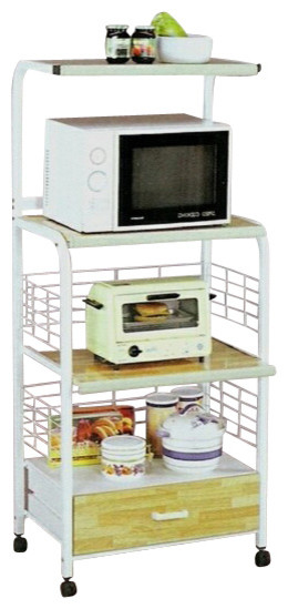 White Finish Metal and Wood Kitchen Cart and Microwave Cart with Casters
