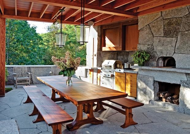 rustic outdoor kitchen in camden, maine - contemporary - patio