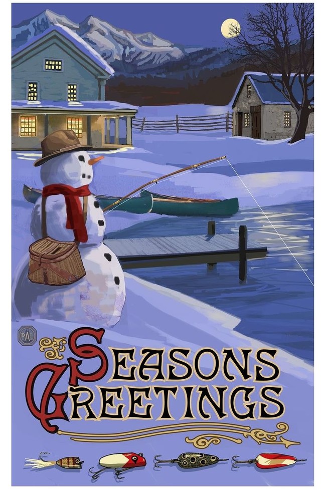 Paul A. Lanquist Seasons Greetings Snowman Fishing Art Print, 30"x45"