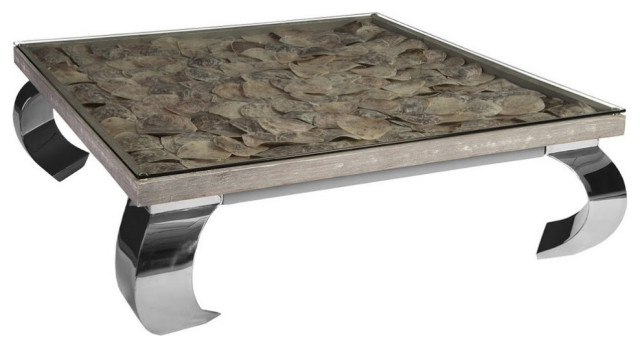 Shell Coffee Table, With Glass, Ming Stainless Steel Legs