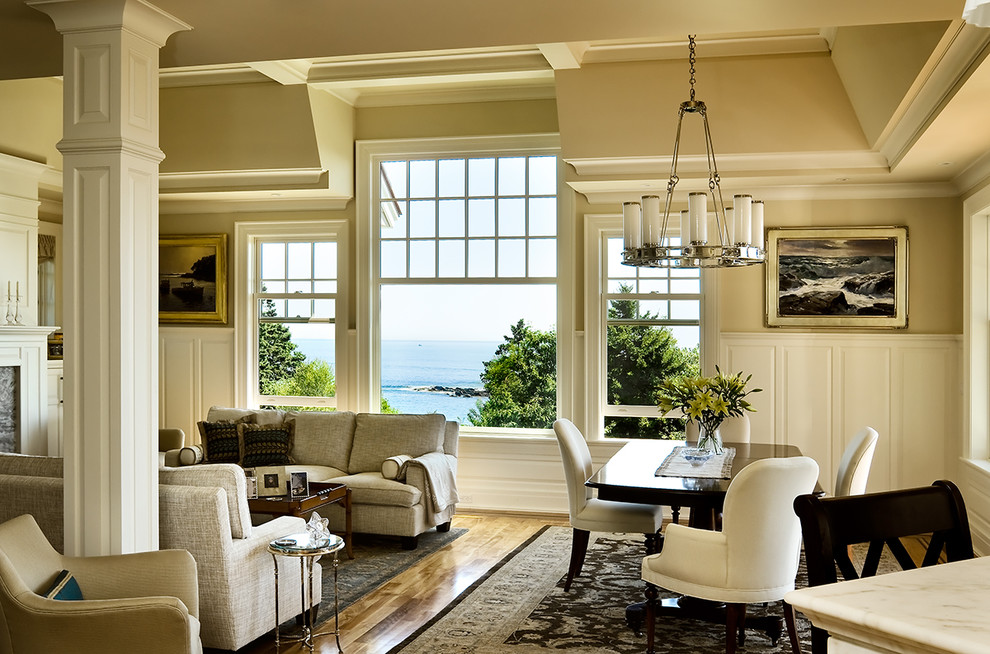 Inspiration for a beach style living room in Portland Maine with beige walls.