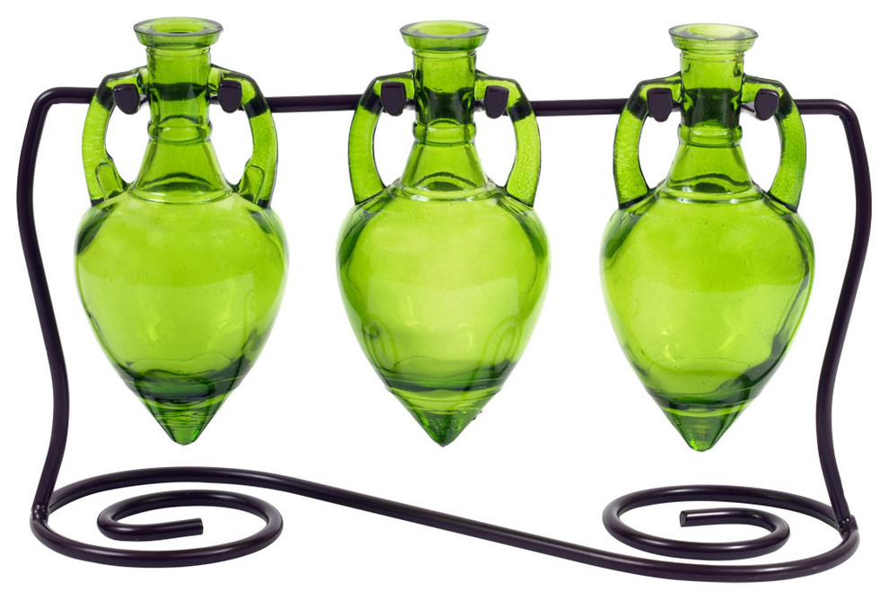 Amphora Three Recycled Glass Vases And Metal Stand Contemporary