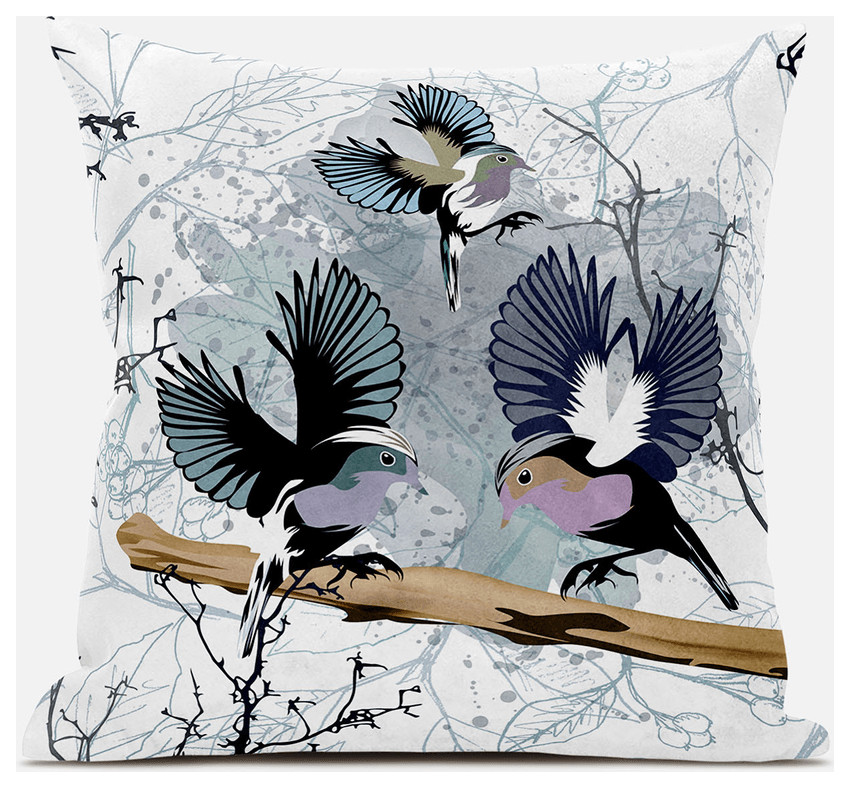 18x18 White Gray Black Bird Blown Seam Broadcloth Animal Print Throw Pillow