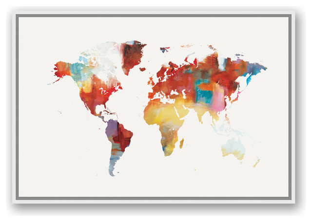 Colorful World Map 24x36 White Floating Framed Canvas Contemporary Prints And Posters By Designs Direct