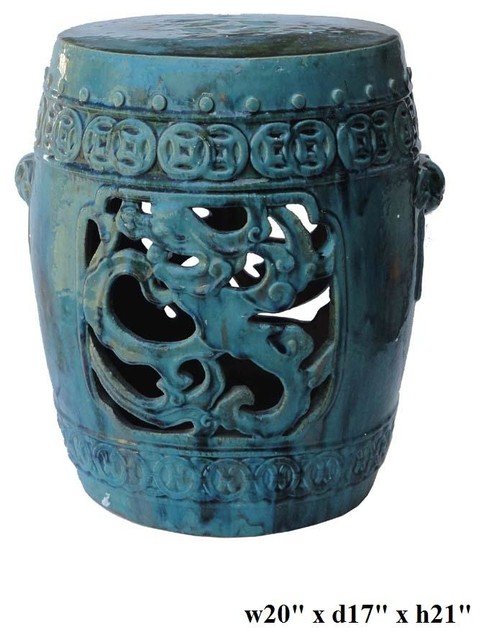 Chinese Blue Green Dragon Garden Clay Stool / Table