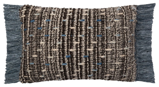 Wool Abstract Design Throw Pillow 16"x26" Brown/Blue, Down Fill