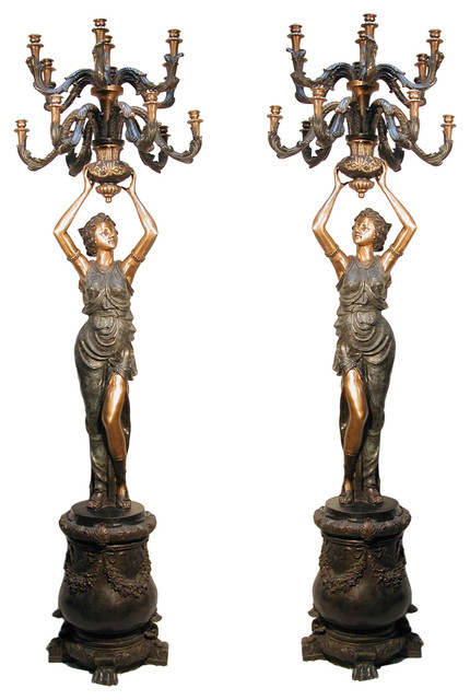 95" Maidens On Pedestals, Left and Right Pair Ornate Torchieres Bronze Sculpture