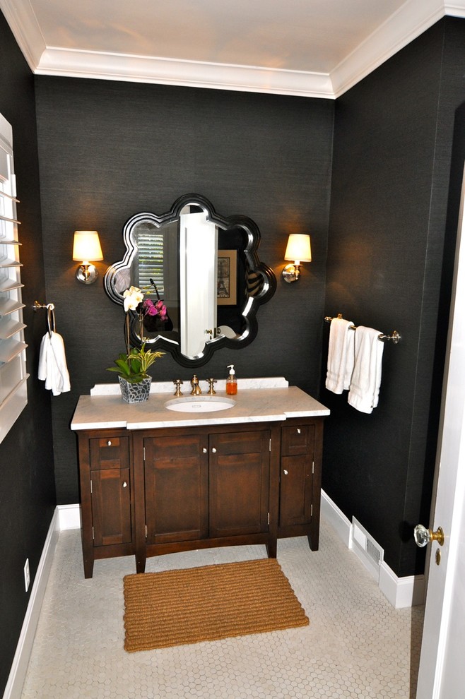 Photo of a contemporary bathroom in Sacramento with mosaic tile and black walls.