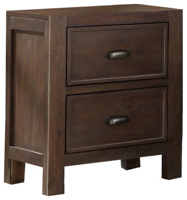 Wooden Nightstand with 2 Drawers and Metal Cup Handles, Brown