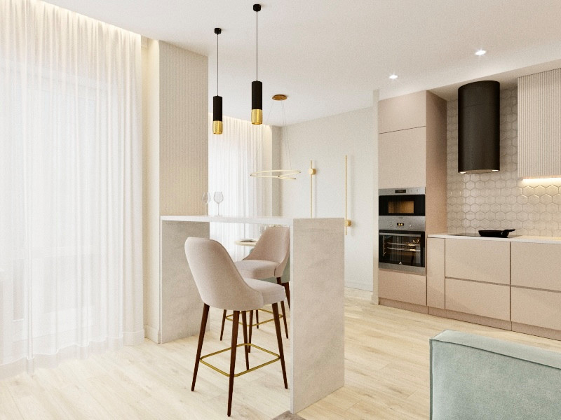 "Нотки Ментола" в кухни-гостиной для молодой пары в ЖК Лесопарковый