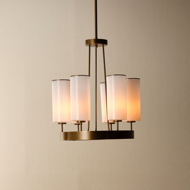 Elegant Modern Antique Brass White Glass Chandelier Mid Century Ring 6 ...