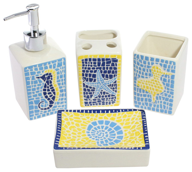 Mediterranean 4 Piece Bathroom Accessory Set Ceramic Sea Animal Mediterranean 4 Piece Bathroom Accessory Set Ceramic Sea Animal Tiles