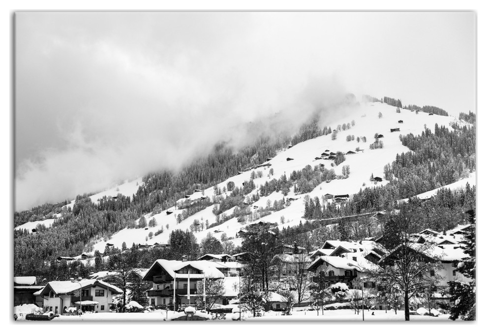 Grayscale Mountain Homes 36x24 Canvas Wall Art, 36x24 Contemporary
