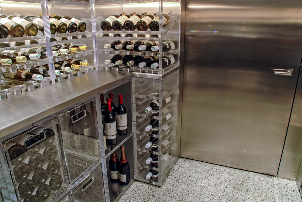 Design ideas for a large modern wine cellar in San Francisco with linoleum floors, storage racks and white floor.