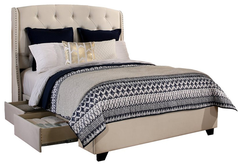 Peyton Fabric Upholstered "Steel-Core" Platform Queen Bed/4-Drawers in Ivory