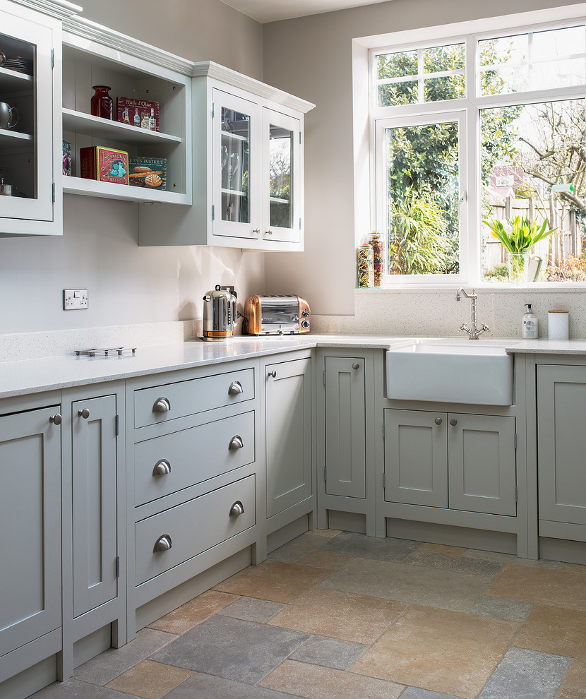 Inspiration for a mid-sized traditional separate kitchen in Gloucestershire with shaker cabinets, light wood cabinets, quartzite benchtops and ceramic floors.