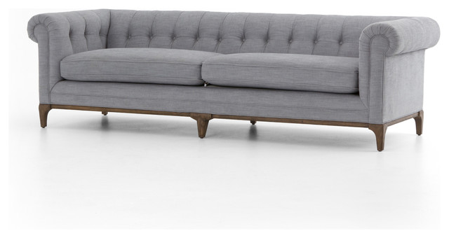 96 Long Sofa Pewter Grey Aspen Wood Frame Poly Viscose Linen Blend