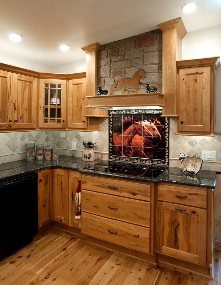 Eat-in kitchen - large rustic u-shaped eat-in kitchen idea in New York with light wood cabinets