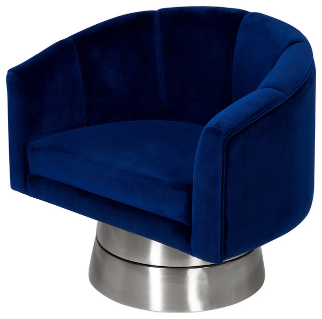 Cove Swivel Chair, Blue Velvet, Brushed Steel