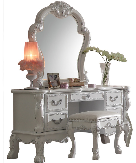 Wooden Framed Vanity Mirror with Polyresin Ornamental Details, White Victorian Makeup