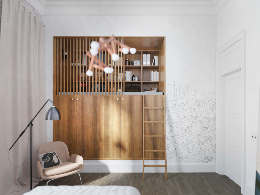 Bild på ett stort minimalistiskt könsneutralt barnrum kombinerat med lekrum och för 4-10-åringar, med vita väggar, mellanmörkt trägolv och beiget golv