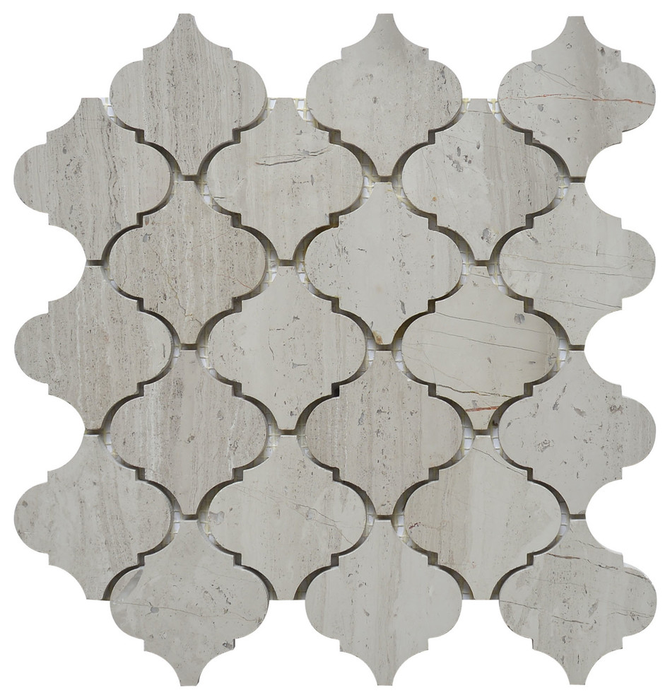 12"x10.5" Marble Mosaic Tile, LanternCollection, White Oak, Arabesque, Polished