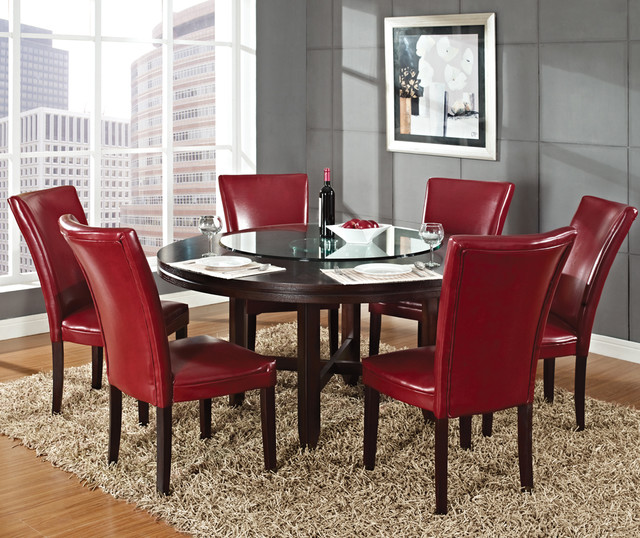 Steve Silver Furniture Hartford 7 Piece Round Dining Steve Silver Hartford 7 Piece Round Dining Room Set W Red Chairs In Dark Oak