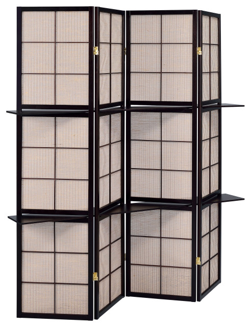 Iggy 4-panel Folding Screen With Removable Shelves Tan and Cappuccino
