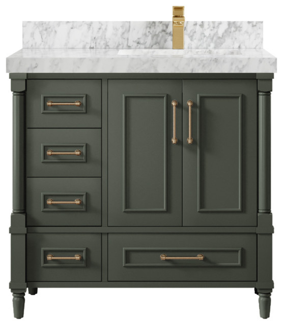Aberdeen 36 Right Offset Bath Vanity in Pewter Green 2" Carrara Marble Transitional Bathroom