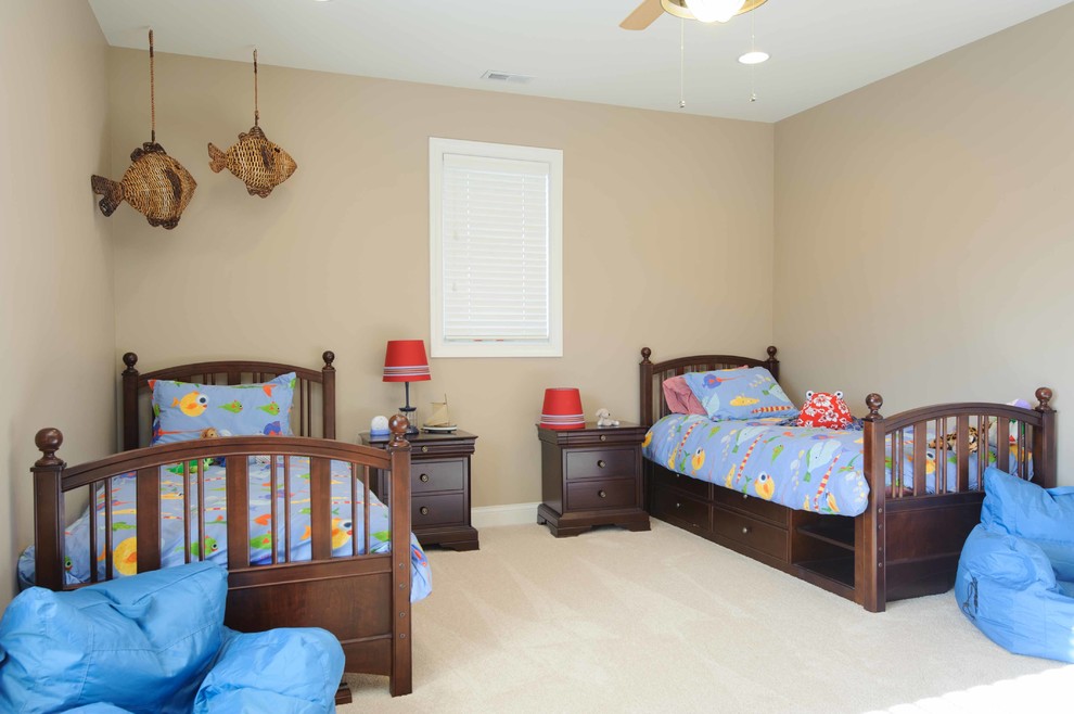Inspiration for a large transitional kids' bedroom for kids 4-10 years old and boys in Other with brown walls, carpet and beige floor.