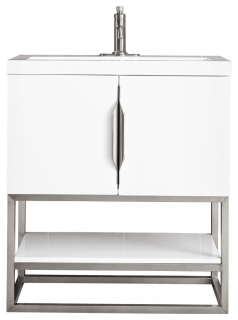 32 Inch Modern White Single Sink Bath Vanity Brushed Nickel Base, James ...