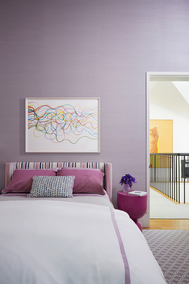 Design ideas for a large transitional kids' room for girls in San Francisco with purple walls, carpet and grey floor.
