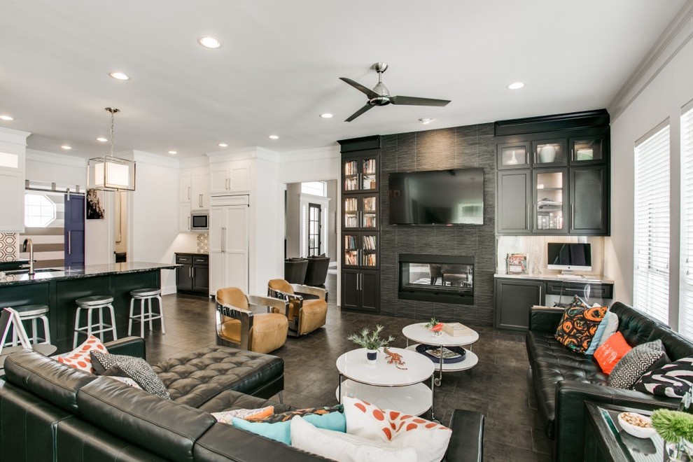 Inspiration for a mid-sized transitional open concept family room in Dallas with white walls, ceramic floors, a two-sided fireplace, a tile fireplace surround and a wall-mounted tv.
