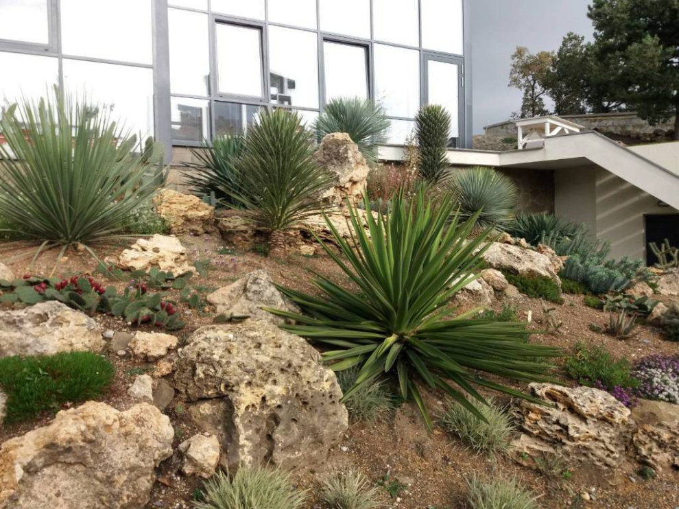 Стильный дизайн: большой солнечный, летний засухоустойчивый сад на склоне в средиземноморском стиле с камнем в ландшафтном дизайне, хорошей освещенностью и с каменным забором - последний тренд